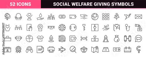 Charity and volunteer thin line icons for donation and social help.