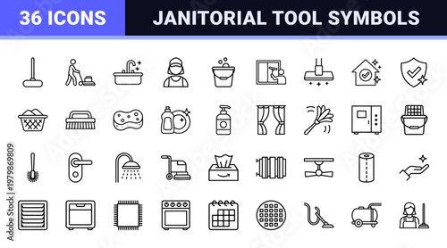 Cleaning service line icons and janitorial maintenance symbols set