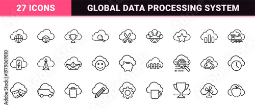 Cloud computing and networking infrastructure minimalist outline icon set.