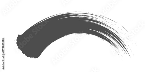 A minimalist black ink brush stroke sweeping in a smooth arc, with textured edges and fading bristle marks on a clean white texture background vector.