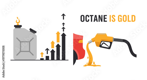 Fuel nozzle pouring golden oil into can with rising graph in bright colorful illustration for business finance