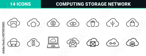 Cloud computing and data storage line icon set