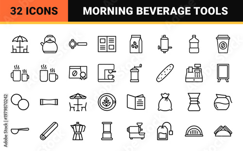 Coffee and cafe shop minimalist line icon set.