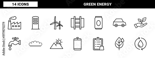 Green energy and environmental conservation thin line icon collection