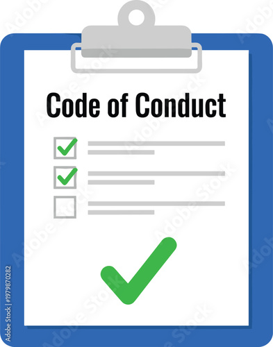 фотографія Clipboard with code of conduct text and green check marks sign document compliance approval vector