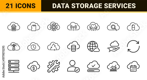 Minimalist cloud computing and data storage outline icon set for network technology.