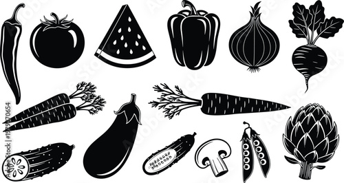 Vegetable silhouette collection illustration. Black solid food icons set including pepper, tomato, carrot and eggplant. Bold graphic shapes for kitchen, menu and design use.