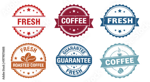 Vintage coffee badge set illustration. Retro stamps with fresh and guarantee labels. Classic branding elements for cafe packaging, logos, and product design.
