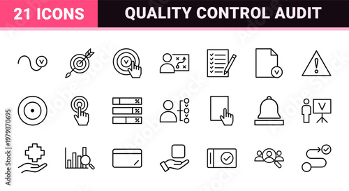 Minimalist business assessment and quality control outline icon set.