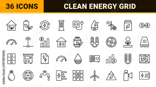 Sustainable energy efficiency line icon set for renewable power and ecology symbols.