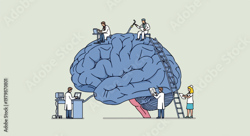 Conceptual human brain illustration with tiny scientists, medical research and neuroscience vector, mental health and cognitive science concept
