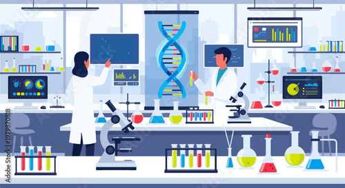 Modern laboratory scientists working on DNA research, biotechnology medical lab with professional equipment, scientific genetic engineering vector illustration