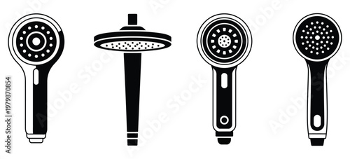 Shower, head icon set, black and white bathroom fixtures, shower stall equipment for washing, plumbing accessories, hygiene concept, bathroom interior design, flat vector graphics for home improvement