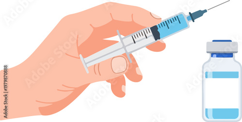 Medical syringe held by hand with vaccine vial, healthcare professional administering injection vector, vaccination and immunization concept