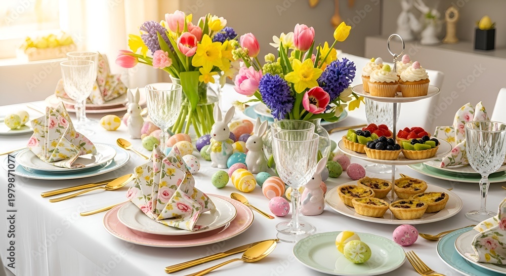 Fototapeta premium Festive Easter Table Setting with Flowers, Cupcakes, and Easter Eggs