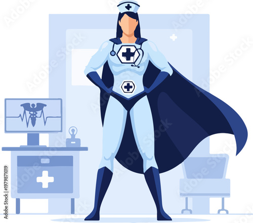 Superhero nurse vector illustration, medical professional in cape and hero costume, healthcare worker concept for hospital appreciation and frontline staff