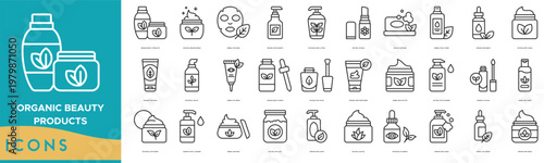 Organic Beauty Products icon set. Natural Skincare Cream, Herbal Face Mask, Organic Hair Shampoo, Botanical Body Lotion, Natural Lip Balm, Organic Soap Bar and Herbal Facial Toner