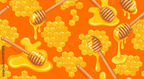 Honey seamless pattern with wooden dippers and honeycombs. Sweet golden nectar dripping from wood sticks. Organic bee product vector background.