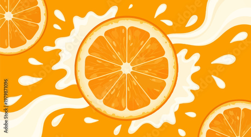 Fresh orange fruit slices with milk splash, citrus juice background vector, vibrant summer beverage illustration for packaging design