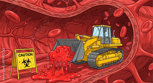 Medical illustration of a yellow bulldozer clearing a blood clot in a human artery, conceptual vector of vascular surgery and heart health