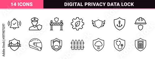 Security and protection minimalist outline icon set