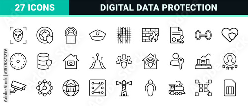 Minimalist security and cyber protection line icon collection.