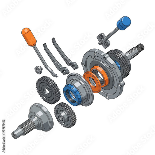 Exploded View Of Gearbox Mechanism With Levers And Gears