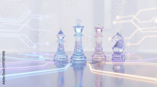 Four translucent glass chess pieces stand elegantly on a reflective surface, illuminated by glowing digital pathways, symbolizing strategic thinking.