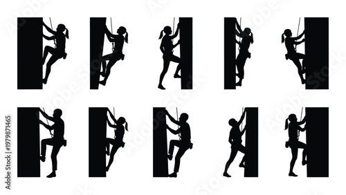 A series of silhouettes depicting rock climbers in various poses ascending vertical surfaces showcasing dynamic movement high quality professional detailed modern