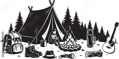 Camping in the woods with guitar and tent