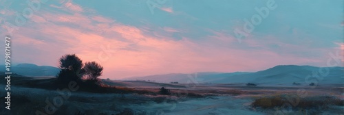 Serene Landscape at Dusk with Soft Hues and Gentle Hills