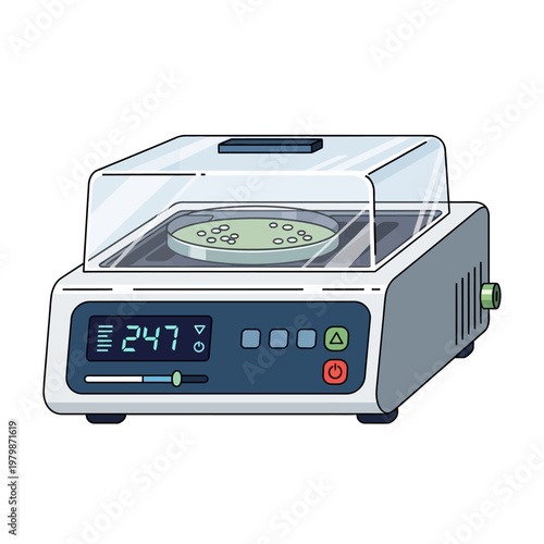 Incubator for petri dish with bacterial colonies, laboratory equipment illustration