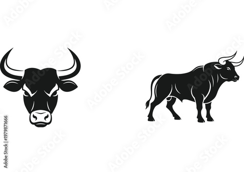 Bull silhouette vector set. Strong aggressive cattle head and full body illustration. Minimal black livestock design for farming, logo and branding use.
