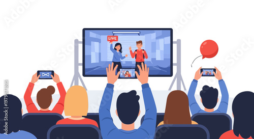 People watching a digital presentation or concert while filming with smartphones. EPS Editable. Vector Illustrations.
