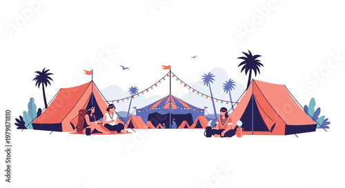 People camping in tents at a music festival outdoors. EPS Editable. Vector Illustrations.