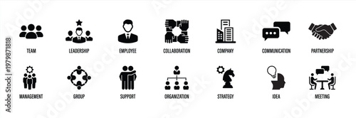 Business Teamwork Leadership and Corporate Collaboration Concept Icon Set