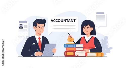 Professional accountant male and female working together on financial documentation. EPS Editable. Vector Illustrations.