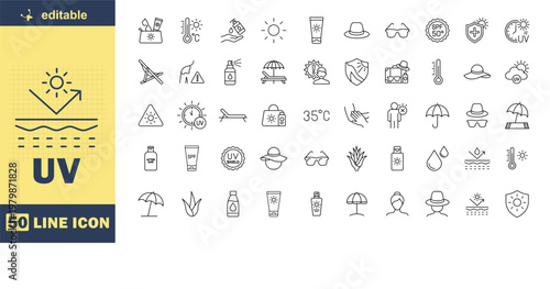A collection of 50 line icons related to UV protection and sun safety