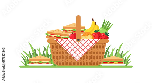 Picnic basket filled with fresh sandwiches fruits and vegetables. EPS Editable. Vector Illustrations.