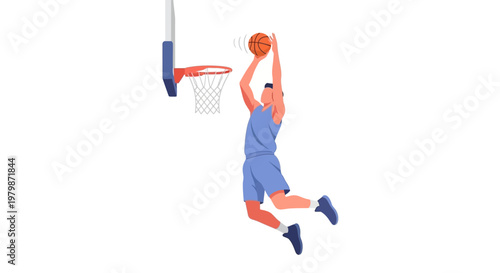 Professional basketball player performing a powerful slam dunk. EPS Editable. Vector Illustrations.