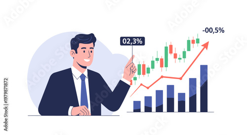 Professional businessman analyzing rising stock market charts and financial data. EPS Editable. Vector Illustrations.