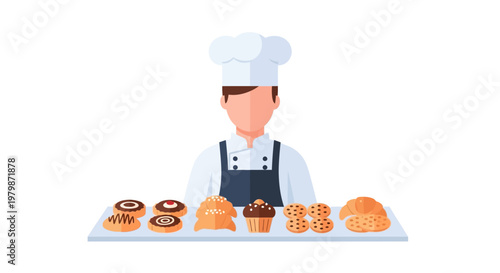 Professional baker character standing behind a tray of freshly baked delicious pastries. EPS Editable. Vector Illustrations.