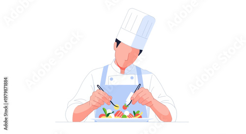 Professional chef in white uniform and toque plating a gourmet dish. EPS Editable. Vector Illustrations.