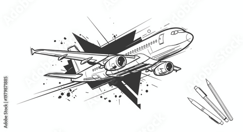 Airplane soars through dynamic illustration with pencils on paper