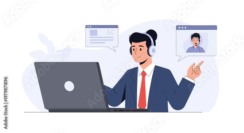 Professional customer support agent working on laptop with virtual video call. EPS Editable. Vector Illustrations.
