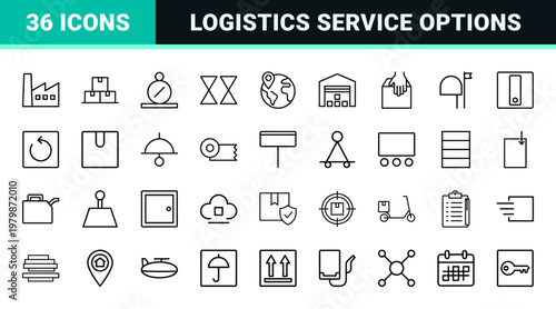 Logistics and delivery service thin outline icon collection.