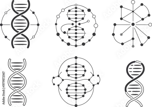 Collection of minimalist genetic helix symbols and scientific network structures for laboratory and medical research documentation