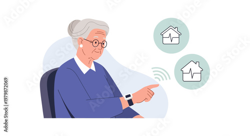 Senior woman using wearable health monitoring device for remote home care. EPS Editable. Vector Illustrations.