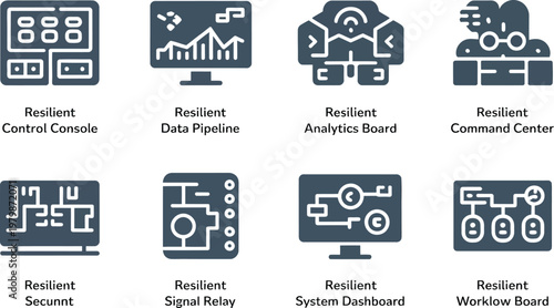 Set of eight modern flat icons representing various technical infrastructure and computing management system interface elements