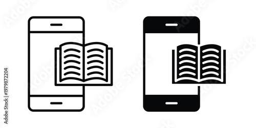 Ebook icon. Flat and outline icons. Black icons
